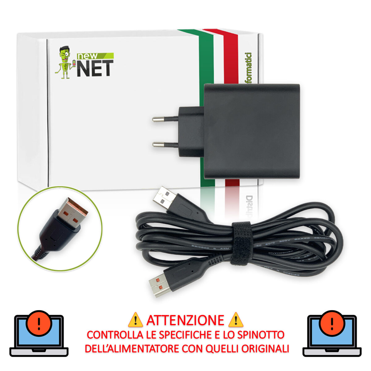 Alimentatore 20V 3.25A 65W per Lenovo - spinotto arancione - immagine 2
