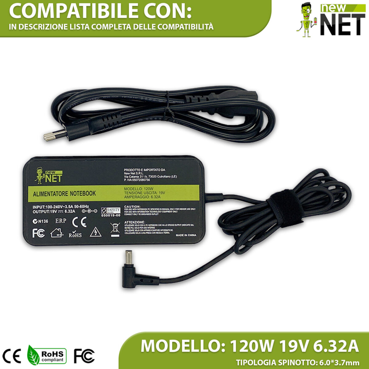 Alimentatore 120 W per notebook ASUS TUF Gaming - 19 V / 6,32 A - 6.0 x 3.7 mm