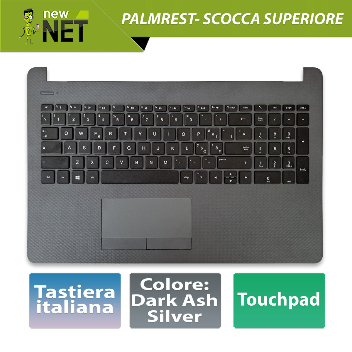 TOP CASE 929906-061 con Tastiera italiana e Touchpad per HP 250 G6, 255 G6, 15-BS, 15-BW, colore: Dark Ash Silver