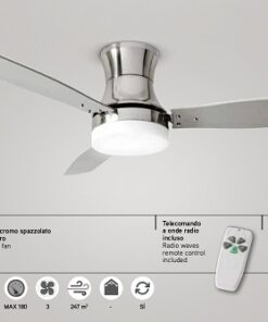 Ventilatore in metallo finitura cromo spazzolato 3 pale legno - Diffusore in vetro.Telecomando a onde radio incluso.