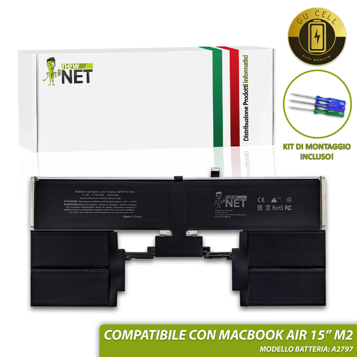 Batteria A2797 per MacBook Air (15 pollici, M2, 2023) A2941 - 11.55V, 6000mAh / 69.3Wh (Kit di montaggio incluso)