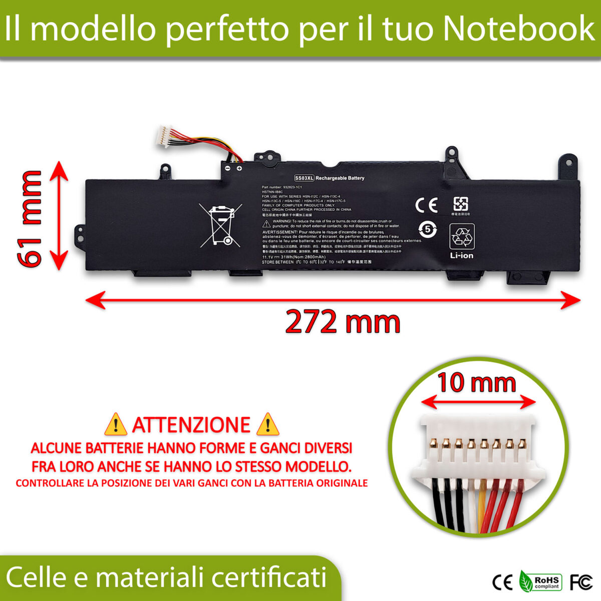 Batteria SS03XL per HP EliteBook 735 G5 – 10.8-11.1V, 2800mAh / 31Wh - immagine 2