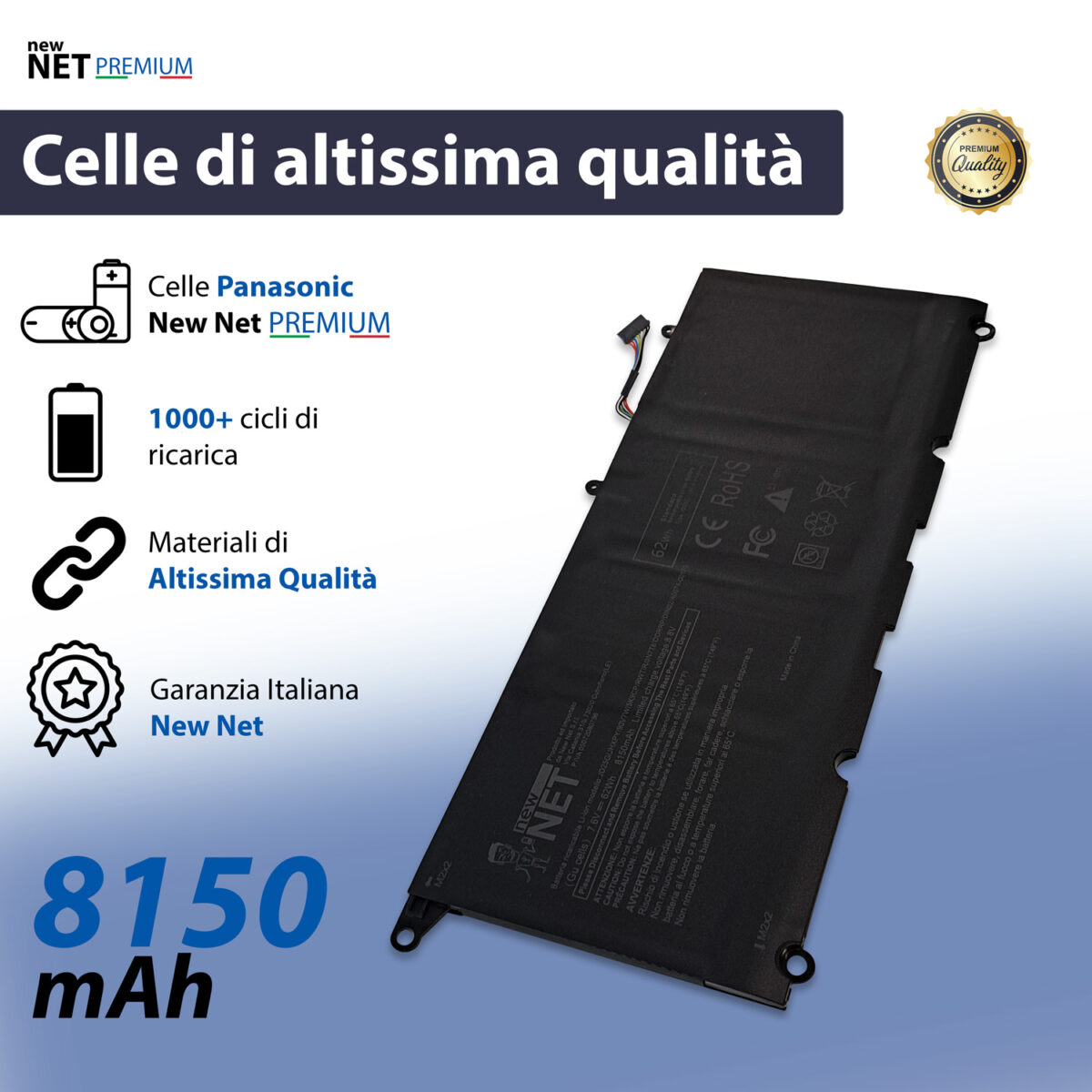 Batteria New Net Premium JD25G per Dell XPS 13 9343, 9350 - 7.6V, 8150mAh / 62Wh - immagine 4