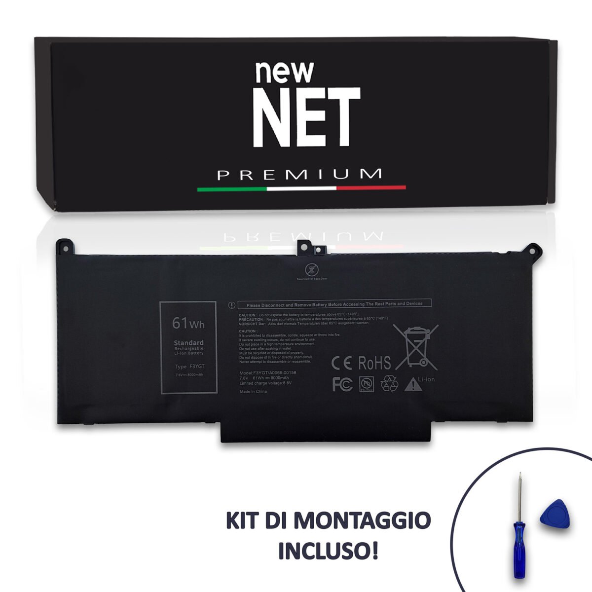 Batteria New Net Premium F3YGT per Dell Latitude 7480 - 7.6V, 8000mAh / 61Wh