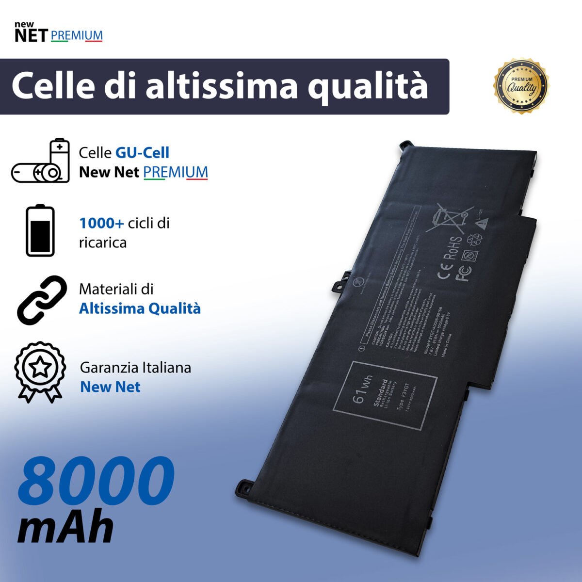 Batteria New Net Premium F3YGT per Dell Latitude 7480 - 7.6V, 8000mAh / 61Wh - immagine 4