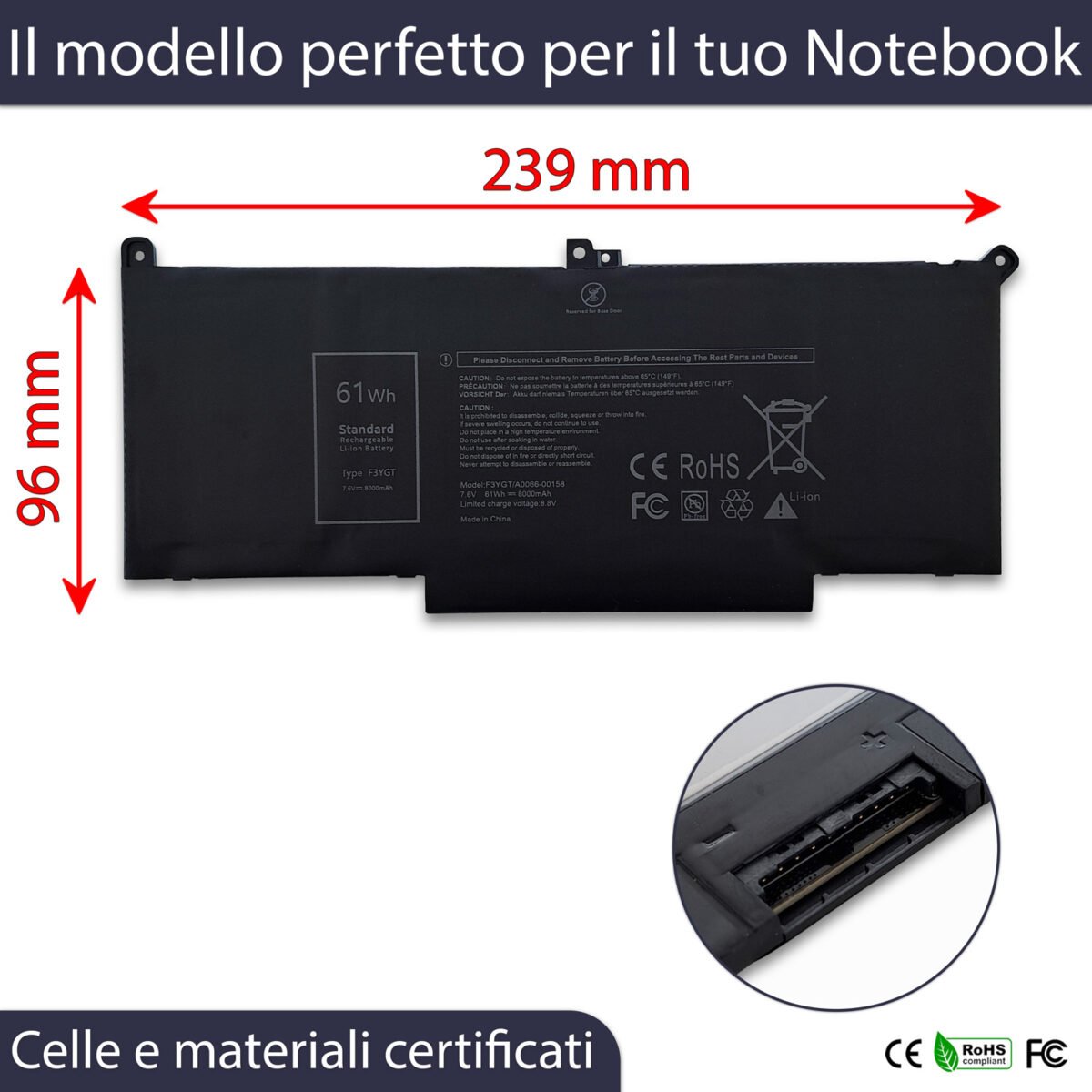 Batteria New Net Premium F3YGT per Dell Latitude 7480 - 7.6V, 8000mAh / 61Wh - immagine 3