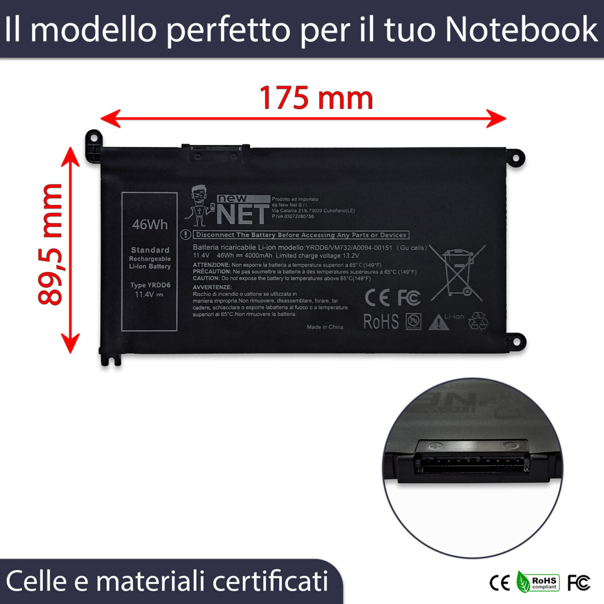 Batteria New Net Premium YRDD6 per Dell Inspiron 15 3501 - 11.4V, 4000mAh / 46Wh - immagine 3