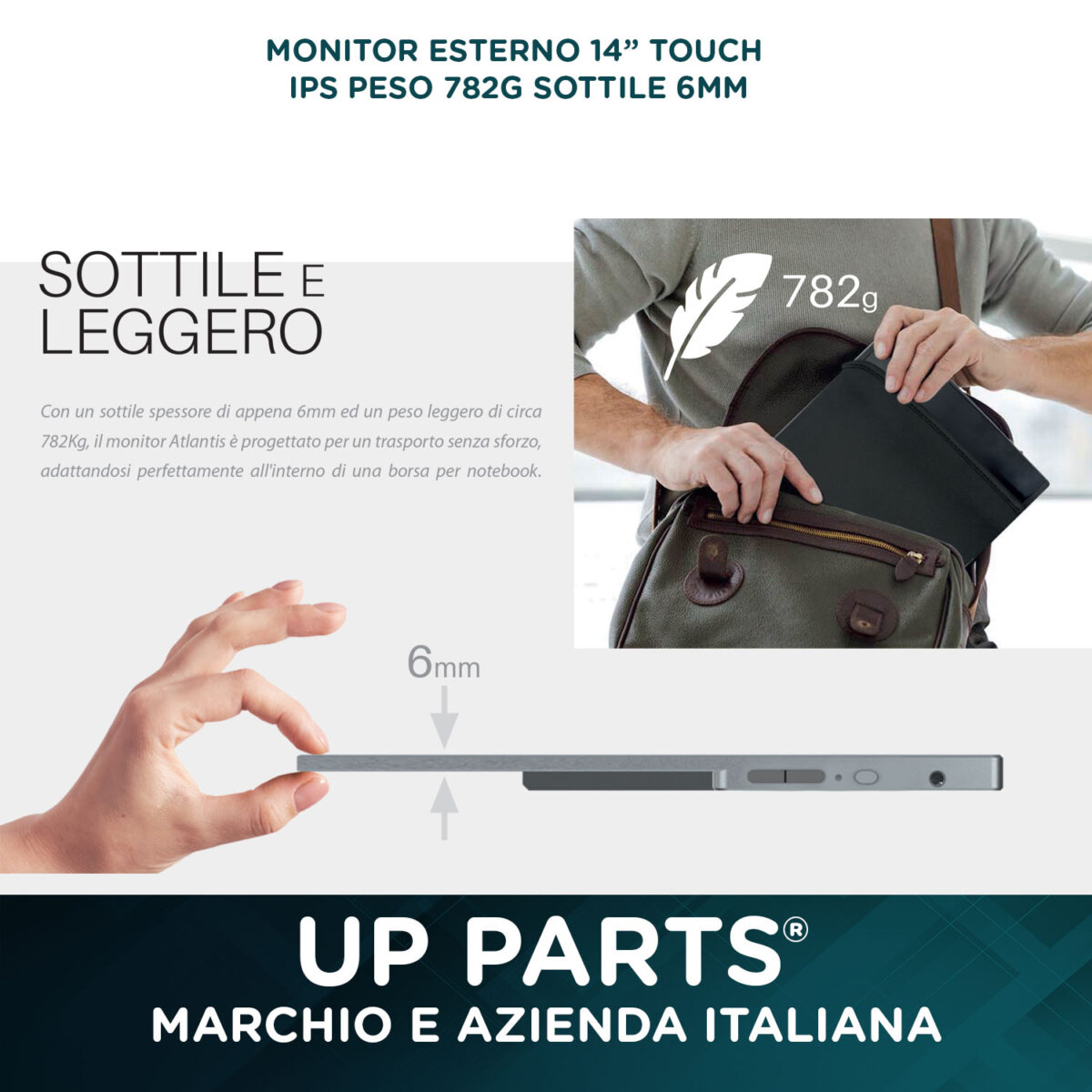 UP PARTS® Azienda Italiana Monitor Portatile 140AS – 14" Full HD 1920x1200, IPS, USB-C e HDMI, Ultra Sottile, Leggero, Altoparlanti Integrati - immagine 5