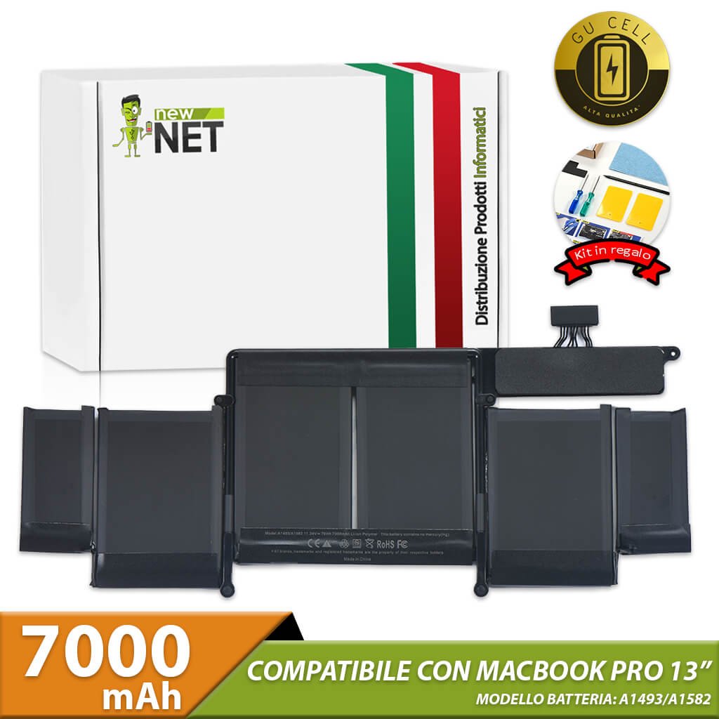 Batteria A1493 A1582 per Macbook Pro Retina 13" A1502 (anno 2013 2014 2015) - 11.34 V / 7000 mAh (GU Cell) (Kit di montaggio incluso)