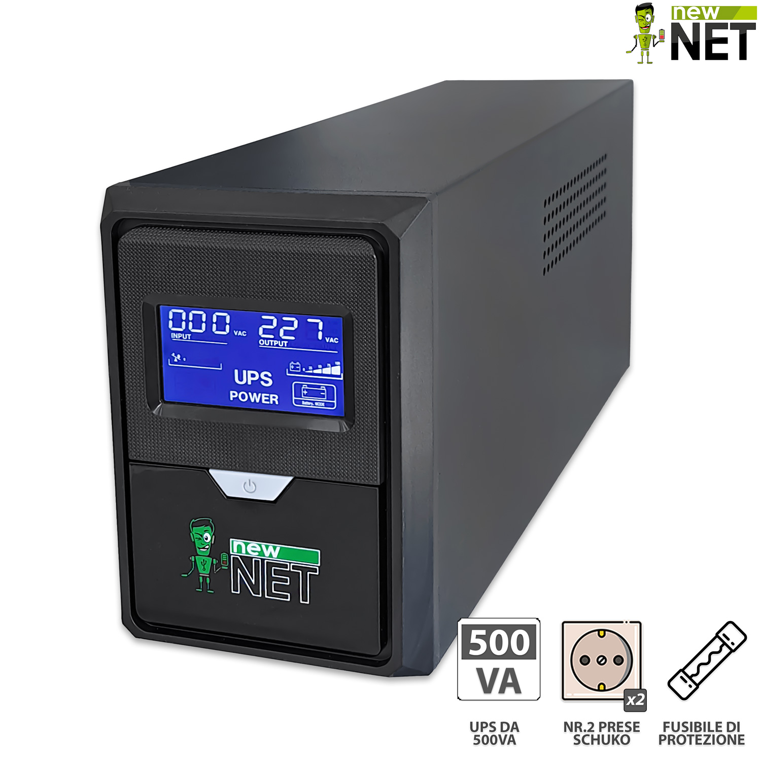 Gruppo di Continuità UPS 500VA 300W Line Interactive, stabilizzatore di tensione AVR con 2x Schuko e display LCD integrato