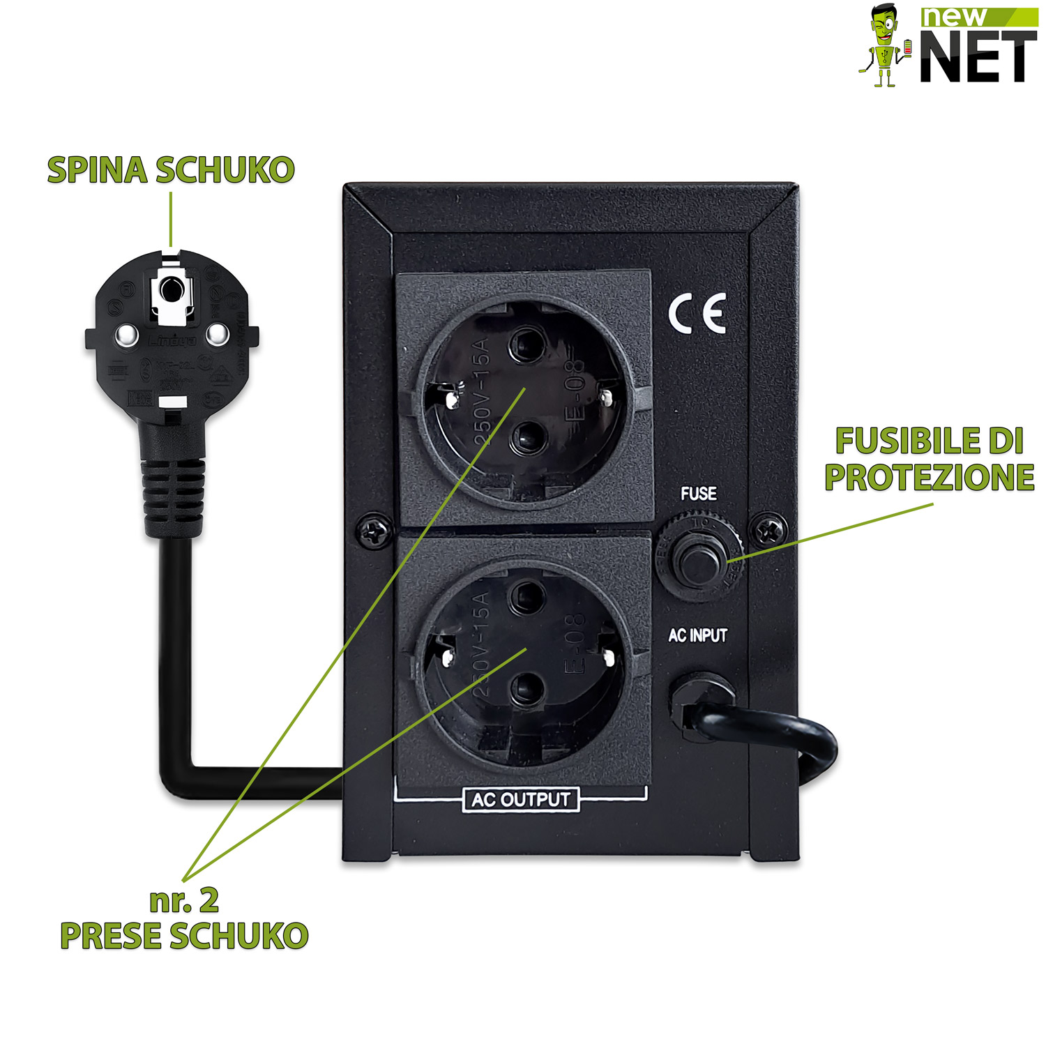 Gruppo di Continuità UPS 500VA 300W Line Interactive, stabilizzatore di tensione AVR con 2x Schuko e display LCD integrato - immagine 3