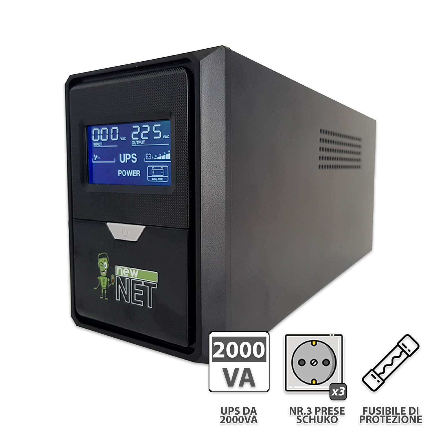 UPS 2000VA 1200W - Gruppo di continuità Stabilizzatore di Tensione Corrente con 3 uscite Schuko