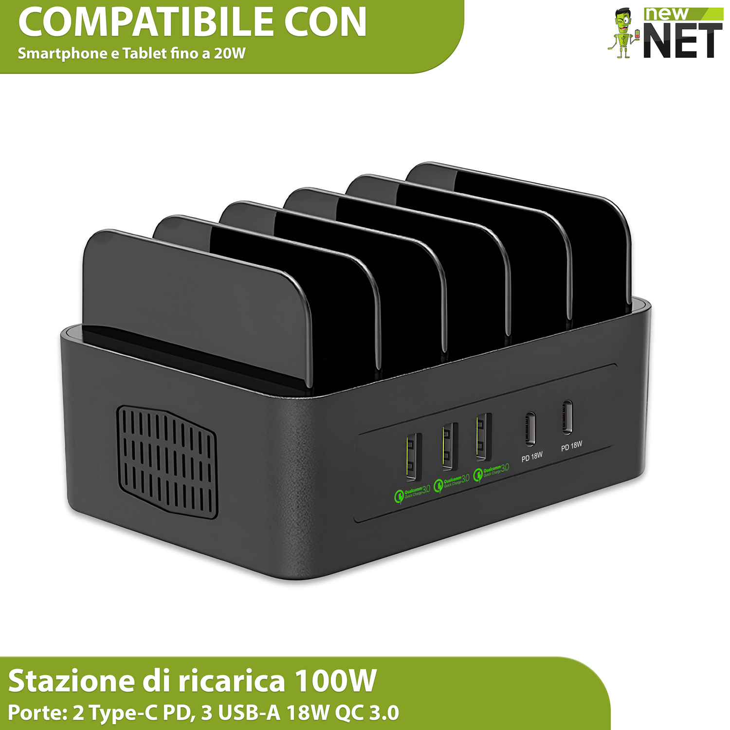 Stazione di Ricarica YFY-A54 100W : 5 Slot + 5 Porte (2x USB-C 20W, 3x USB-A 18W)