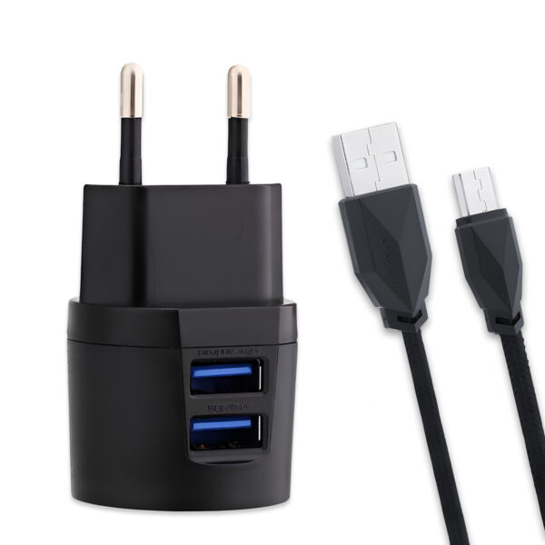 Alimentatore Awei nero con cavo micro-usb e 2 porte: 1 USB-A 2.1A + 1 USB-A 1.0A