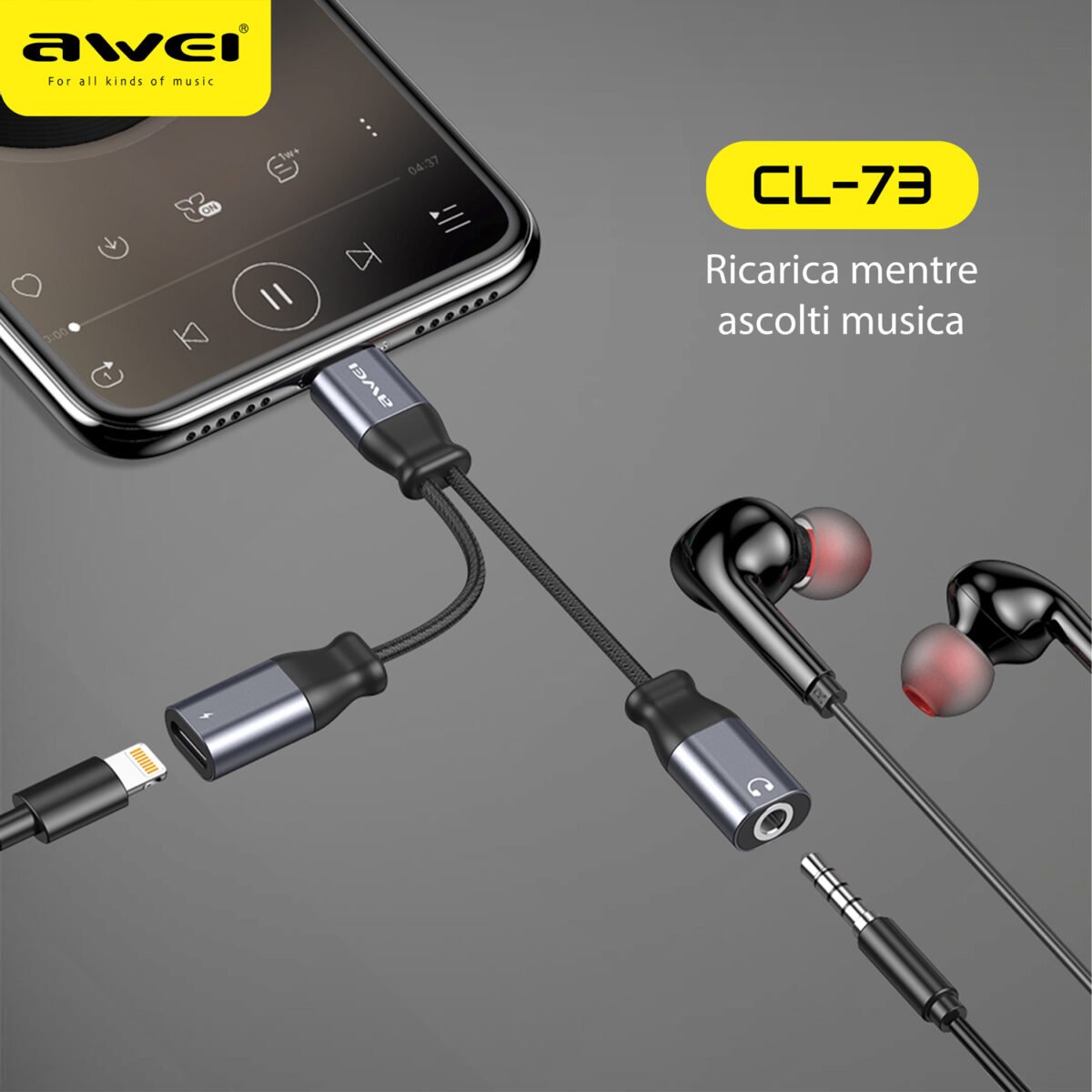 Cavo adattatore AWEI CL-73 Lightning con porta Type-C e Jack Audio 3.5 mm - immagine 3