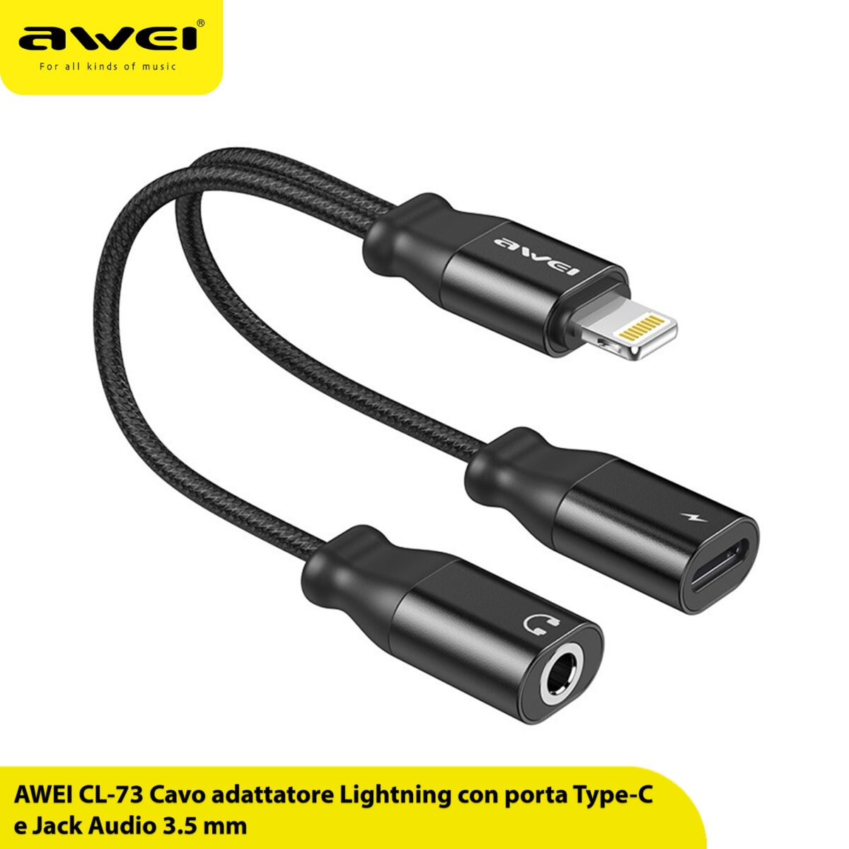 Cavo adattatore AWEI CL-73 Lightning con porta Type-C e Jack Audio 3.5 mm