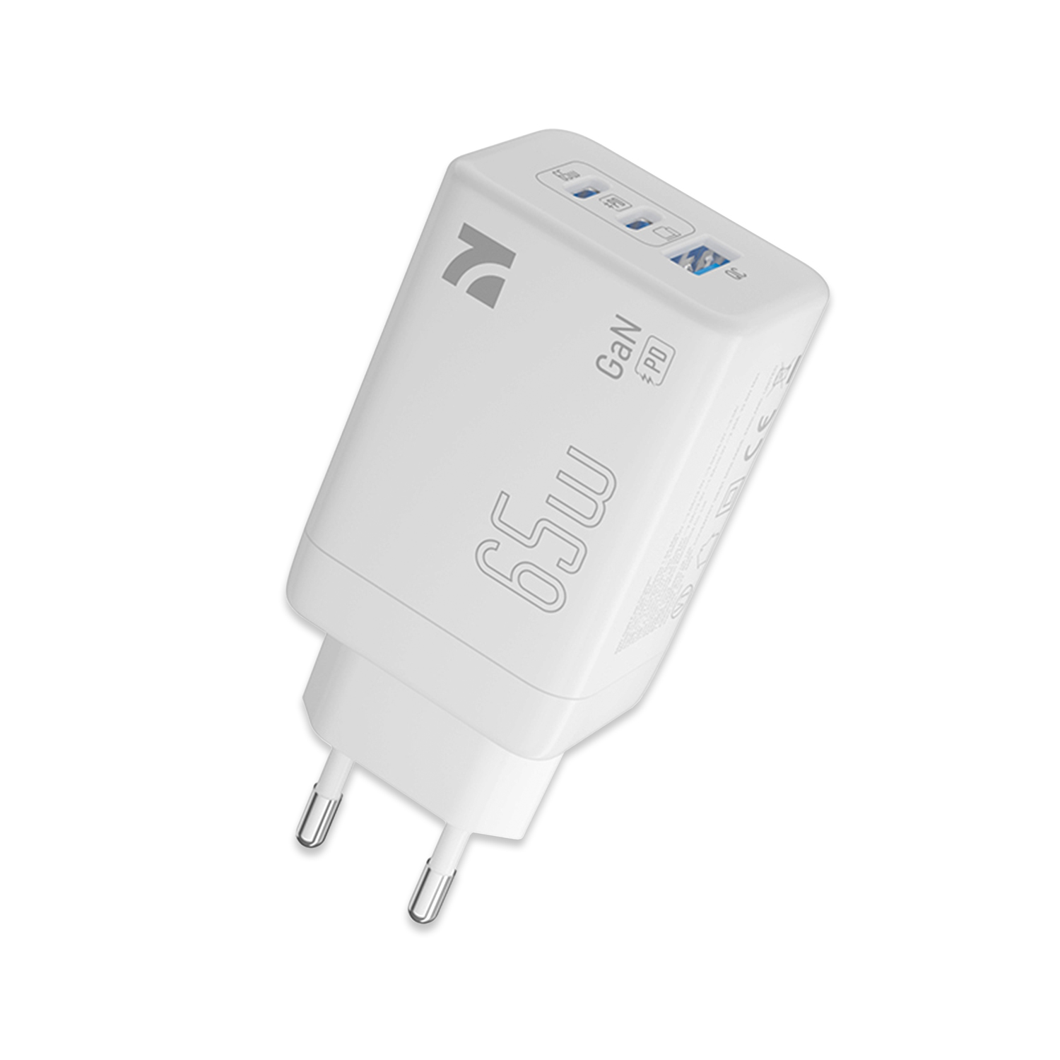 Caricabatterie da muro rapido 65W GaN PD con 3 porte (2 USB-C e 1 USB-A), alimentatore universale bianco compatibile con MacBook, Laptop, iPhone e Samsung.