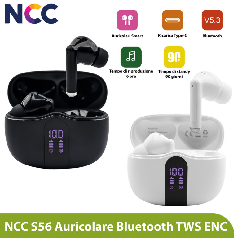 Auricolari S56 TWS senza fili, leggeri ed ergonomici, con tecnologia ENC Clear Calls e ricarica rapida USB-C