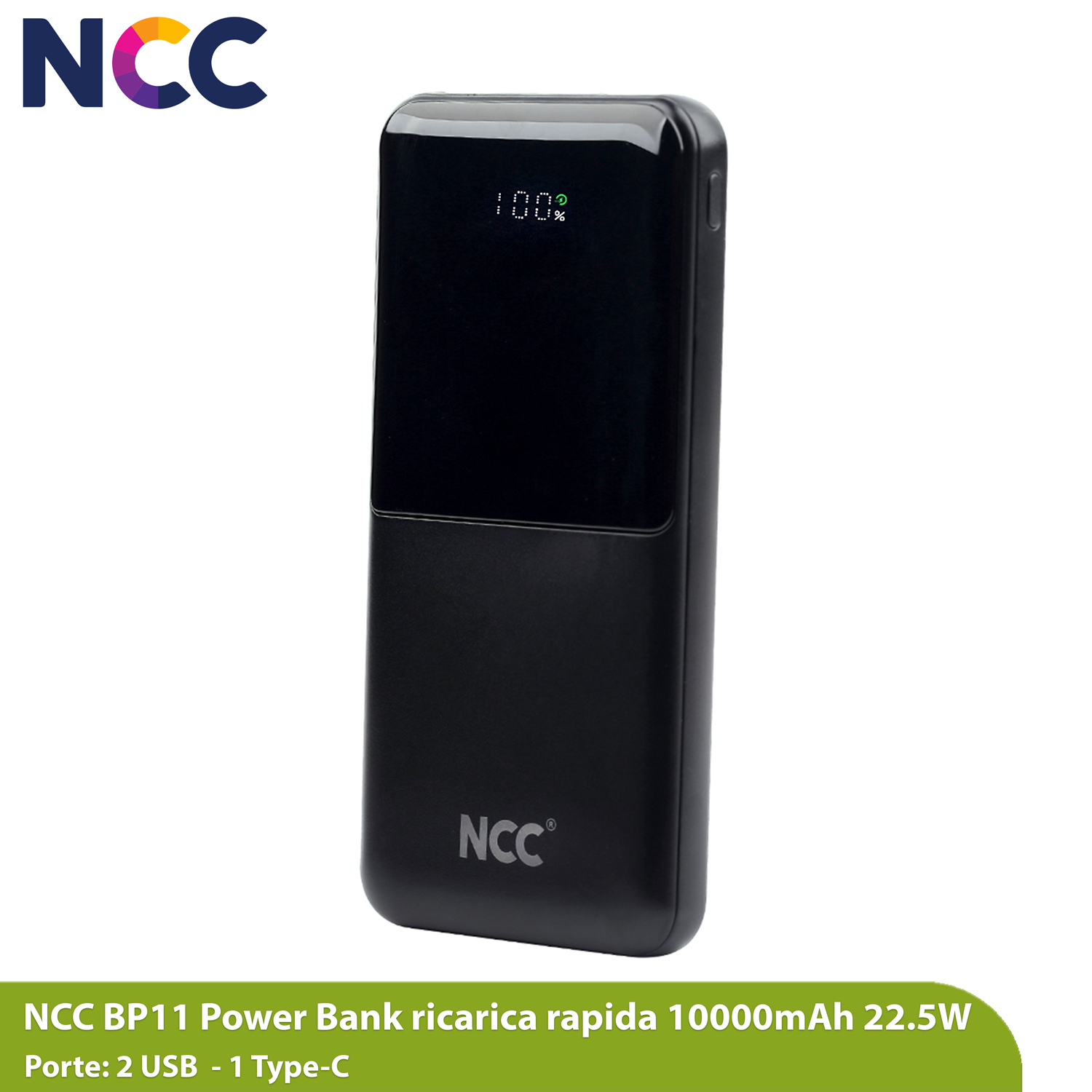 Powerbank 10000mAh fast charging 22.5W con display, 1 porta Type-C e 2 porte USB-A