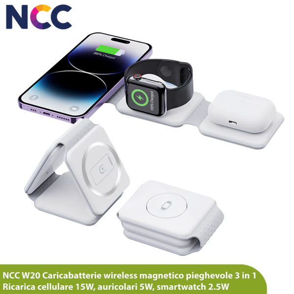 Alimentatore Wireless W20 3 in 1 compatto e portatile con magnete N52