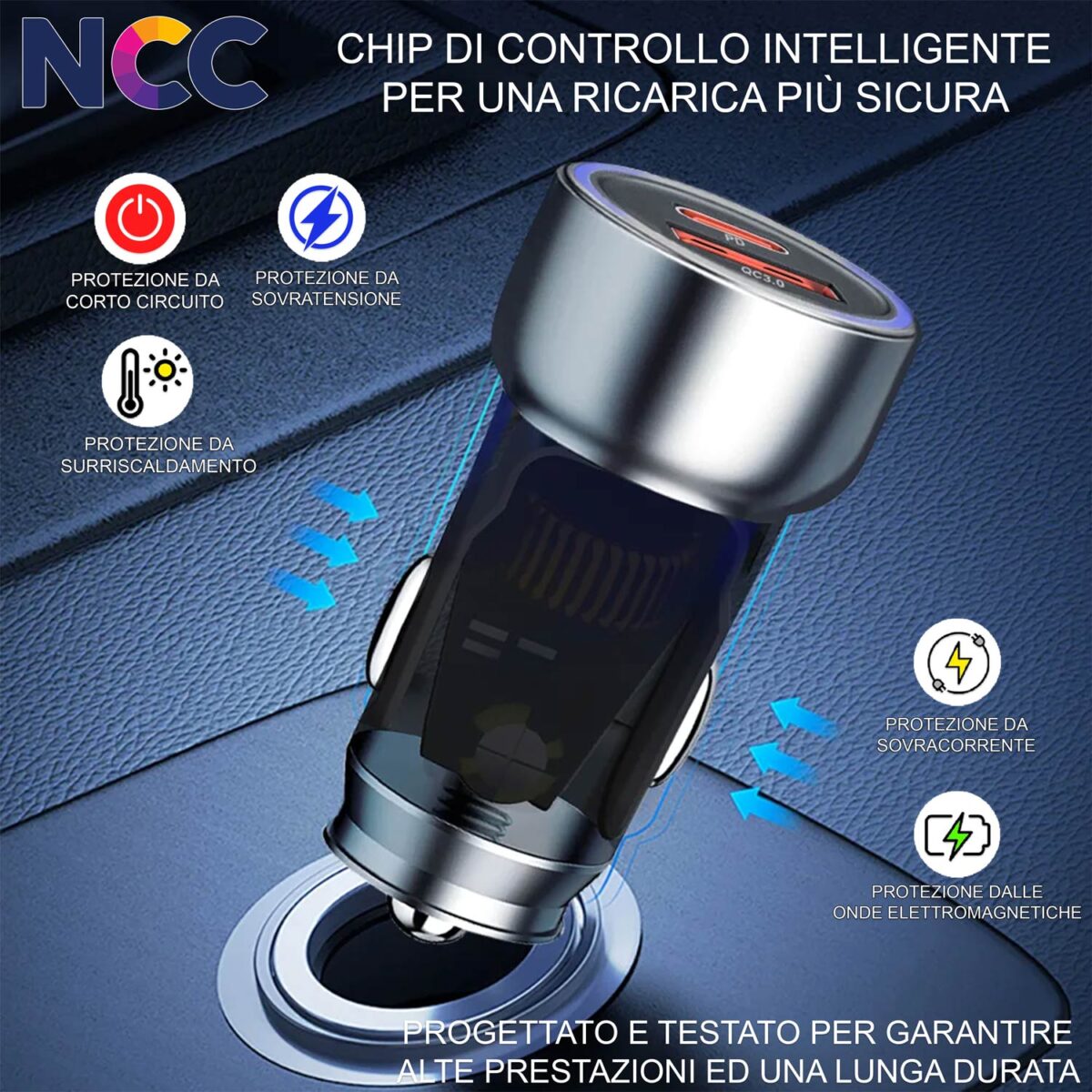Alimentatore da auto 48W max universale per smartphone e tablet USB-A QC + USB-C PD - immagine 4