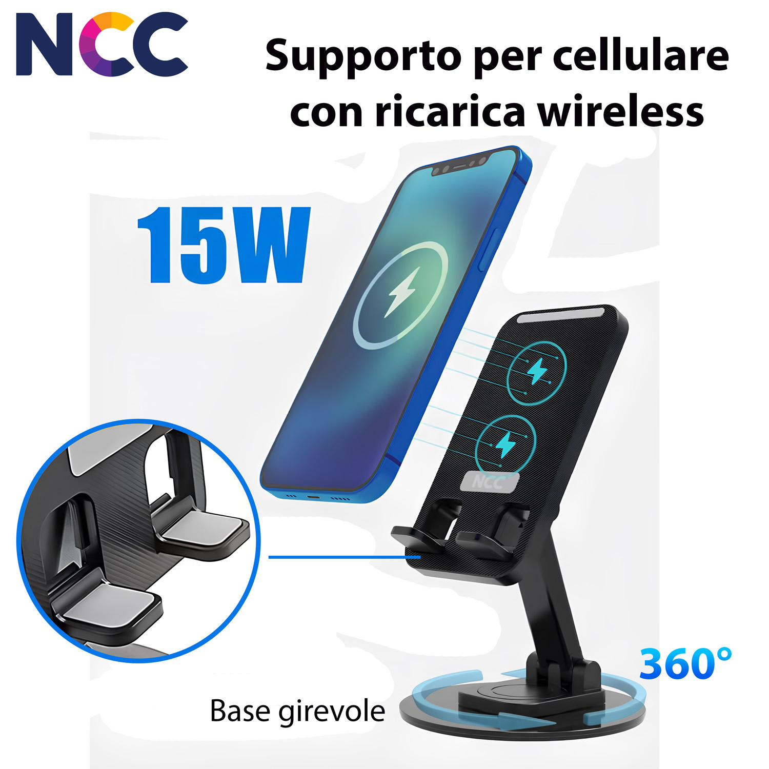Supporto smartphone da tavolo | rotazione 360° | ricarica wireless fino a 15W - immagine 4