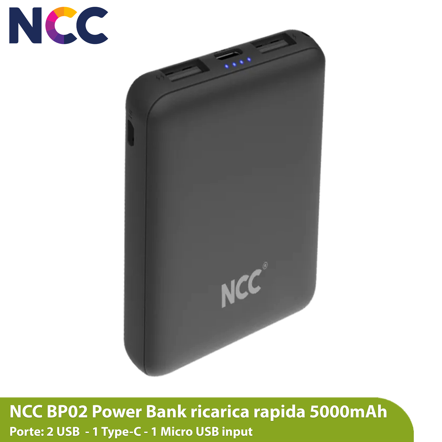 Powerbank 5000mAh portatile, con 2 porte di ricarica USB-A e in omaggio cavo Type-C