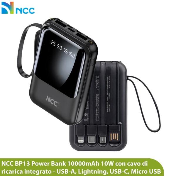 Power Bank 10000mAh 4 cavi integrati: USB, Type-C, micro USB, Lightning
