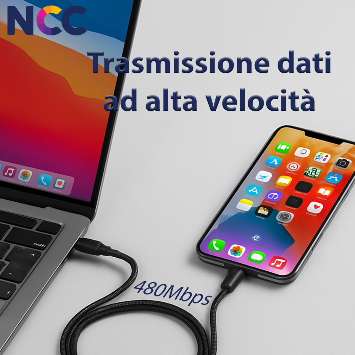Cavo Type-C / Lightning (1 Metro) Nero in Nylon per iPhone e iPad, Ricarica Rapida da 27W, Dati 480Mbps, Alta Qualità e Sicurezza - immagine 3