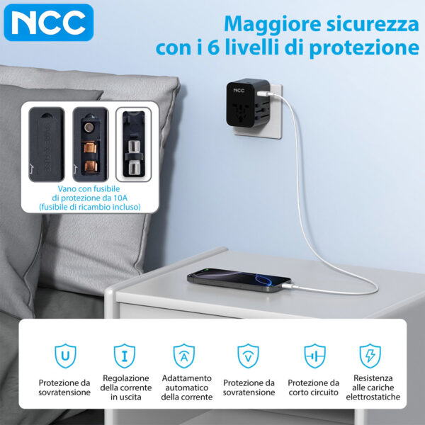 Alternative view of Adattatore universale da viaggio EU UK US AU con 3 porte: 2 USB-C PD + 1 USB-A QC