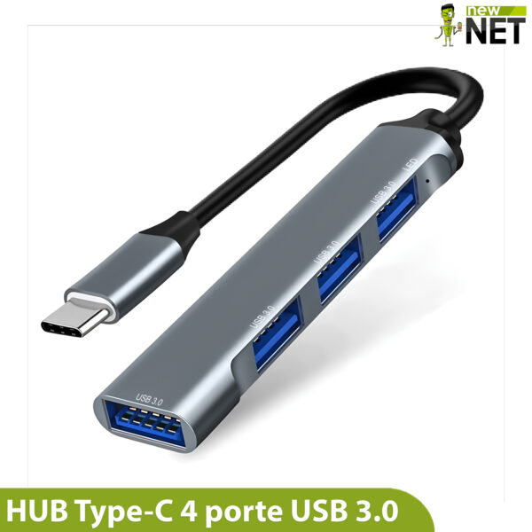 Hub USB-C 4 porte USB-A 3.0 – Adattatore Type-C ad Alta Velocità 5Gbps, Scocca in Alluminio, Cavo Nylon Intrecciato