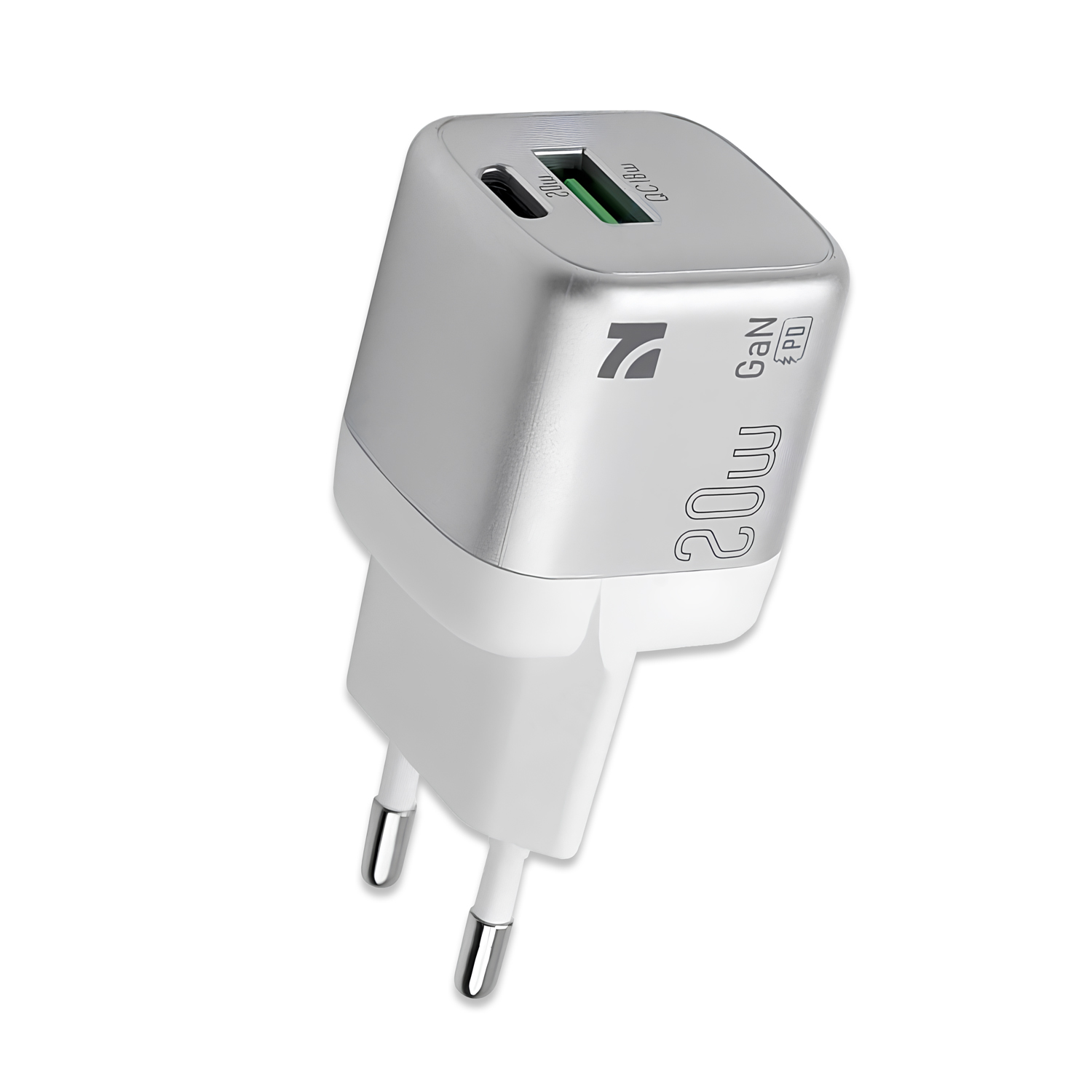 Caricabatterie GaN 20W compatto NCC grigio e bianco con doppia porta (USB-C Power Delivery e USB-A Quick Charge), alimentatore rapido da muro per iPhone, Samsung e smartphone.