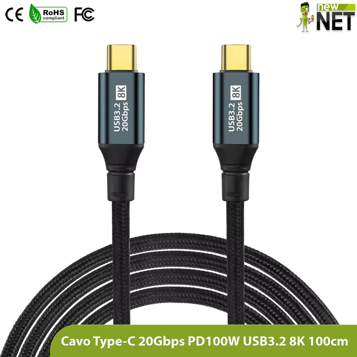 Cavo Type-C / Type-C USB3.2 (1 Metro) 20Gbps, Supporto 8K, Ricarica Rapida da 100W