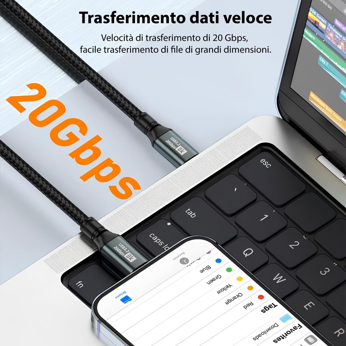 Cavo Type-C / Type-C USB3.2 (2 Metri) 20Gbps, Supporto 8K, Ricarica Rapida da 100W - immagine 2