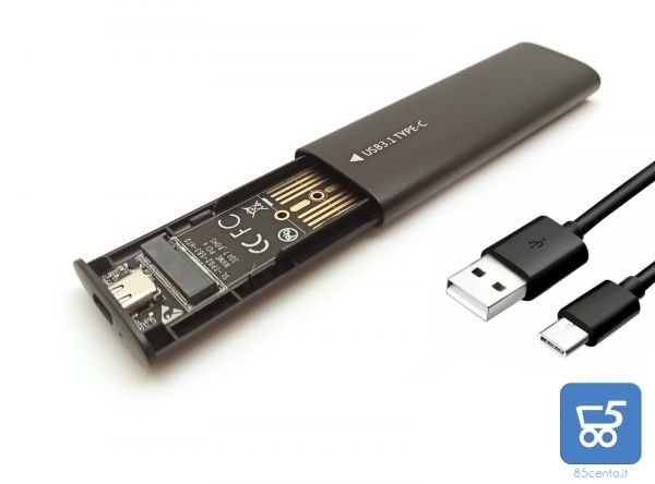 Case Esterno per SSD M.2 NVMe Usb 3.1 Type C con Cavo USB-C in Metallo Driver Free Plug & Play Alta Velocità NGFF