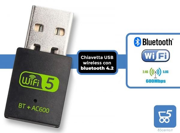 Chiavetta USB Dual Band con Bluetooth 4.2 Wi-Fi fino a 600 mbps Wireless 2,4GHz e 5GHz Adattatore Usb Pc Mac