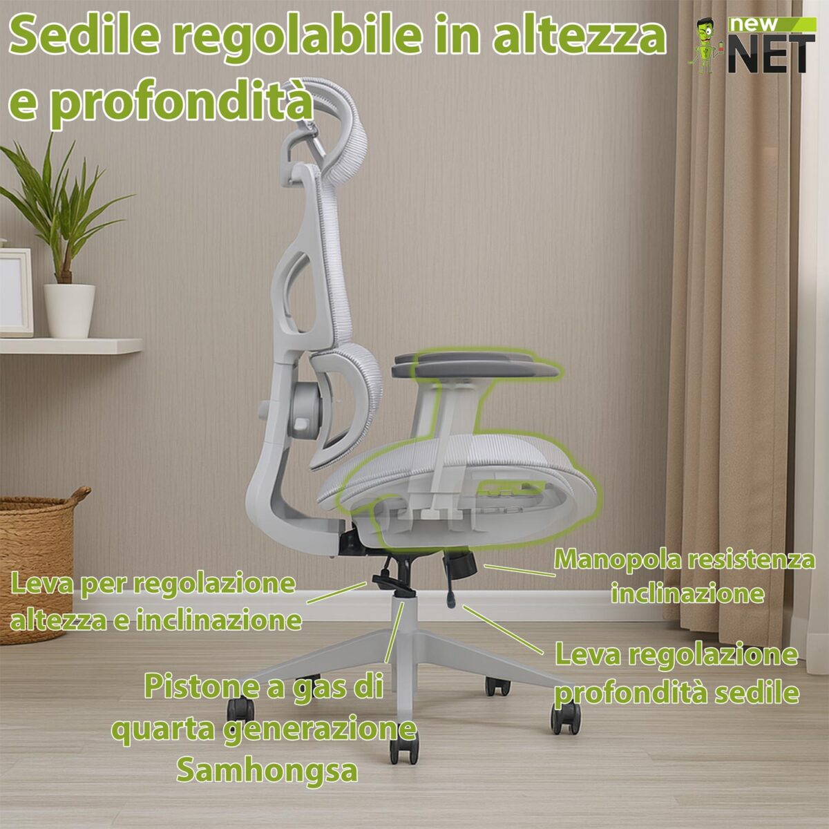 Sedia Ergonomica con Poggiatesta, Schienale a Farfalla e Pistone a gas Samhongsa classe 4 - immagine 6