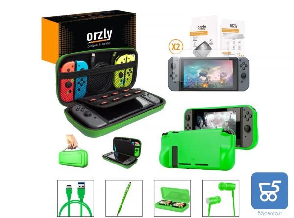 Essential Pack per Nintendo Switch Case 2 vetri protettivi Grip Case Porta Cavo USB  Cartucce Cuffie Penna Colore VERDE