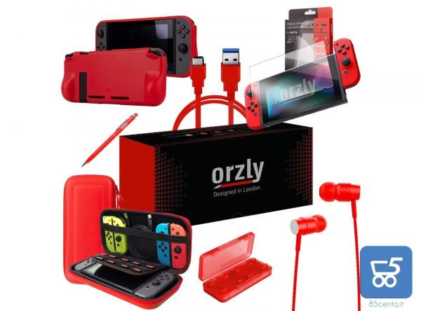 Essential Pack per Nintendo Switch Case 2 vetri protettivi Grip Case Porta Cavo USB Cartucce Cuffie Penna Colore ROSSO