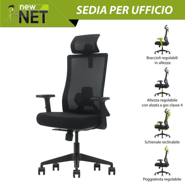 Sedia ufficio con poggiatesta, schienale alto, supporto lombare e braccioli regolabili