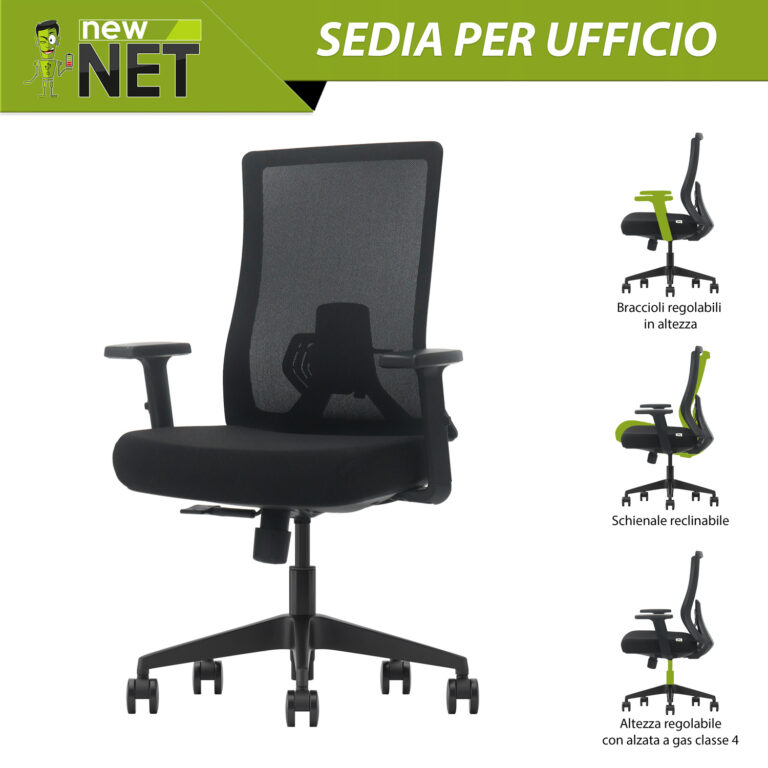 Sedia da ufficio, schienale medio, supporto lombare e braccioli regolabili