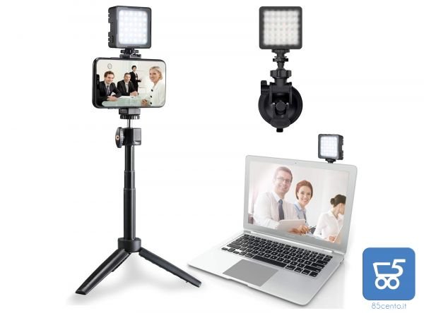 Kit Illuminazione Luce LED Dimmerabile Treppiede Supporto smartphone Ventosa Ricaricabile USB-C