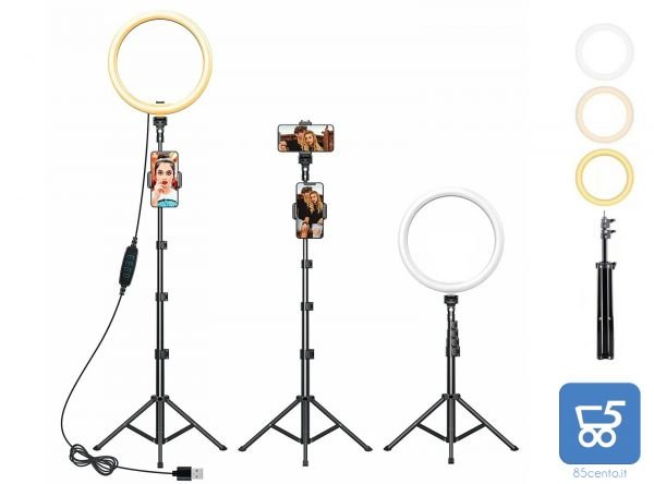 Luce Led ad anello con Treppiede Estensibile Regolabile con supporto Smartphone 3 Colori luce calda naturale fredda - Selfie Tik Tok Dirette Streaming