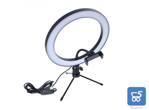 Luce ad Anello Ring Light con Mini Treppiede Supporto Smartphone Dimmerabile Diametro 20 cm USB