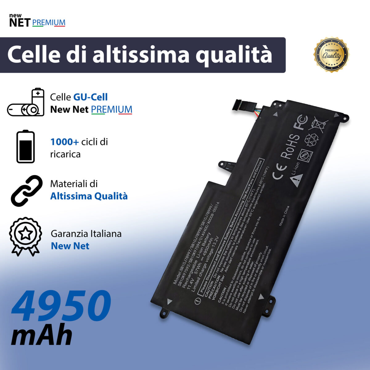 Batteria New Net Premium SB10J78997 per Lenovo ThinkPad 13 - 11.25-11.4V, 4950mAh / 57Wh - immagine 4