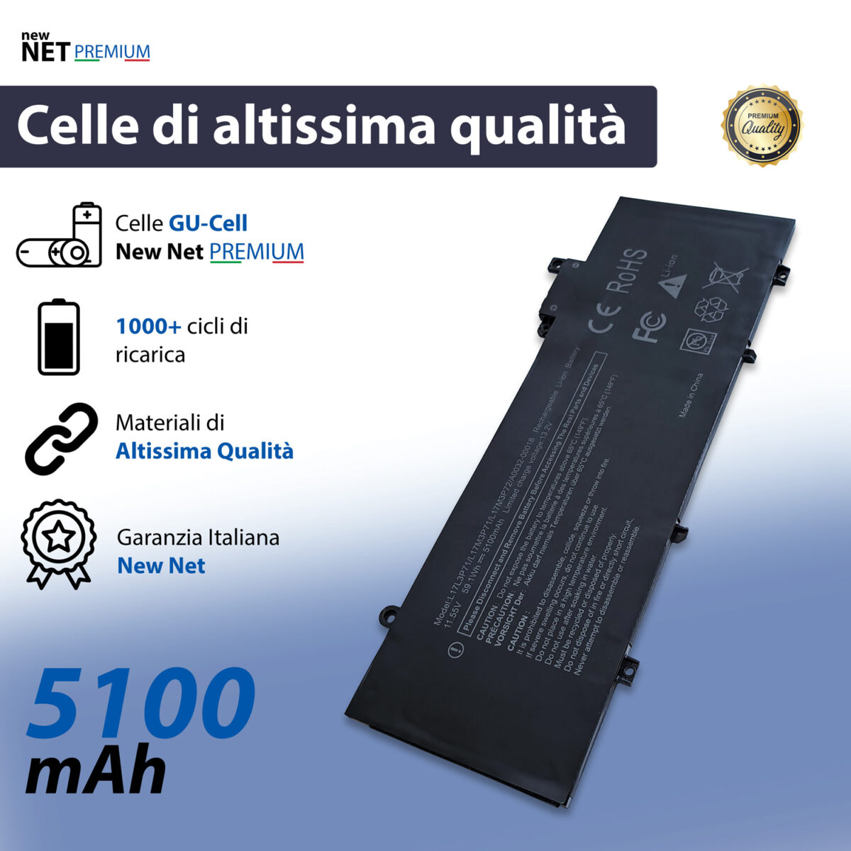 Batteria New Net Premium L17L3P71 per Lenovo ThinkPad T480s - 11.52-11.58V, 5100mAh / 59.1Wh - immagine 4