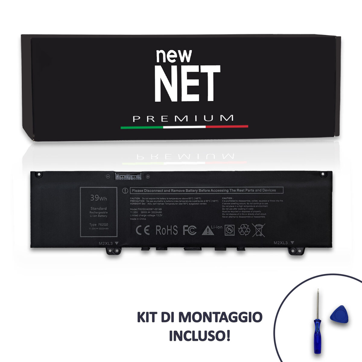 Batteria New Net Premium F62G0 per Dell Inspiron 13 5370 - 11.4-11.55V, 3333mAh / 39Wh