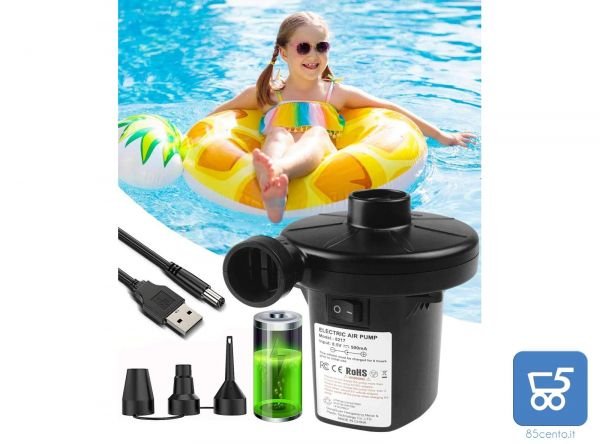 Pompa Elettrica per Gonfiabili Piscina Ricaricabile 8,5V 500mA USB con 3 Ugelli Adattatori