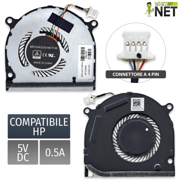 Ventola L53542-001 per HP Envy x360 15-dr - 4 Pin, 5V, 0.5A [Lato GPU]