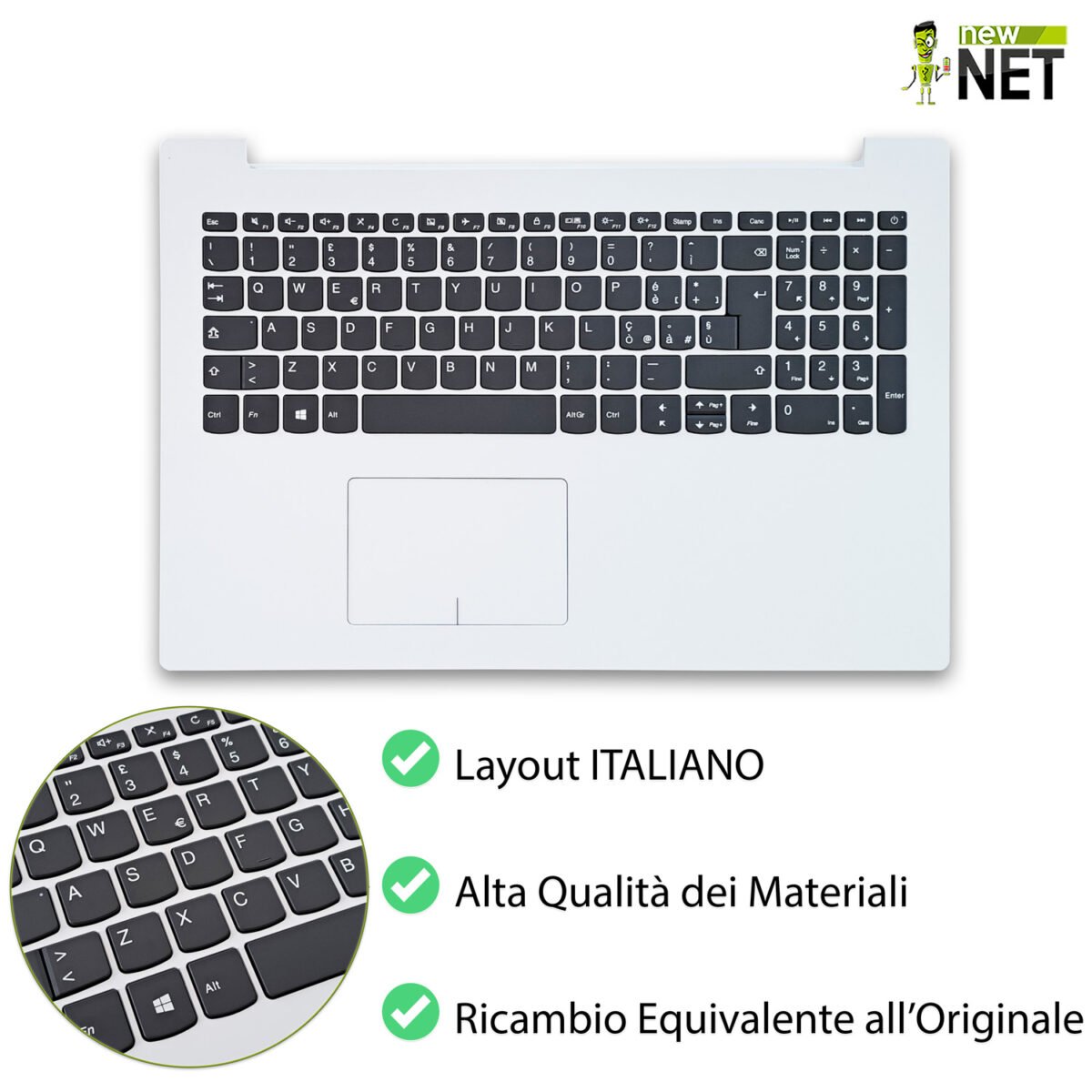 Top Case 5CB0N86346 per Lenovo IdeaPad 320-15 con: Tastiera italiana, TouchPad, Speaker e Connettore SSD, Colore: Bianco - immagine 3